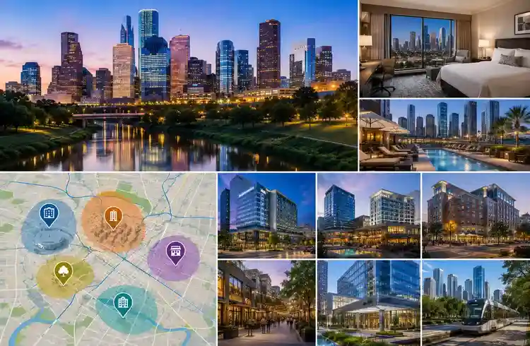 Best areas to stay during OTC Houston featuring Downtown Houston hotels, luxury accommodations, business districts, convention travel, and nearby attractions for OTC attendees.